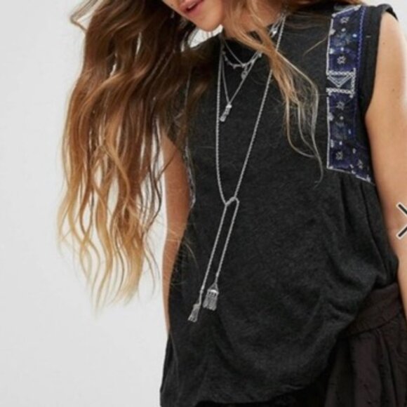 Free People Marcy Tank Top Women‎ S Heathered Grey Embroidered Boho Lightweight - Picture 7 of 7